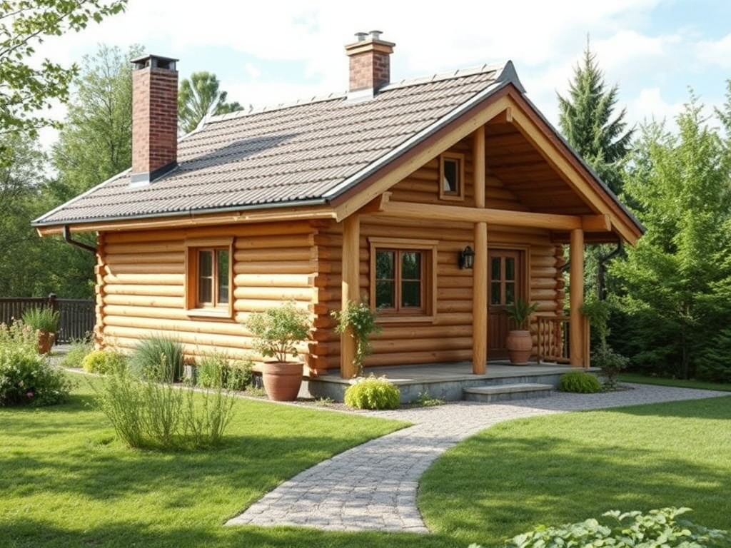 Деревянный домик с крышей из плитки, окружённый зелёным газоном и растениями. Тёплый и уютный вид.