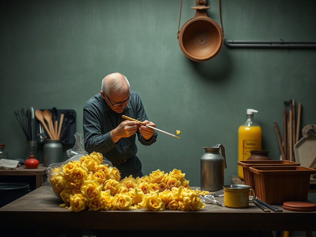 Пожилой человек с желтыми розами в мастерской, аккуратно работая с цветами и инструментами.