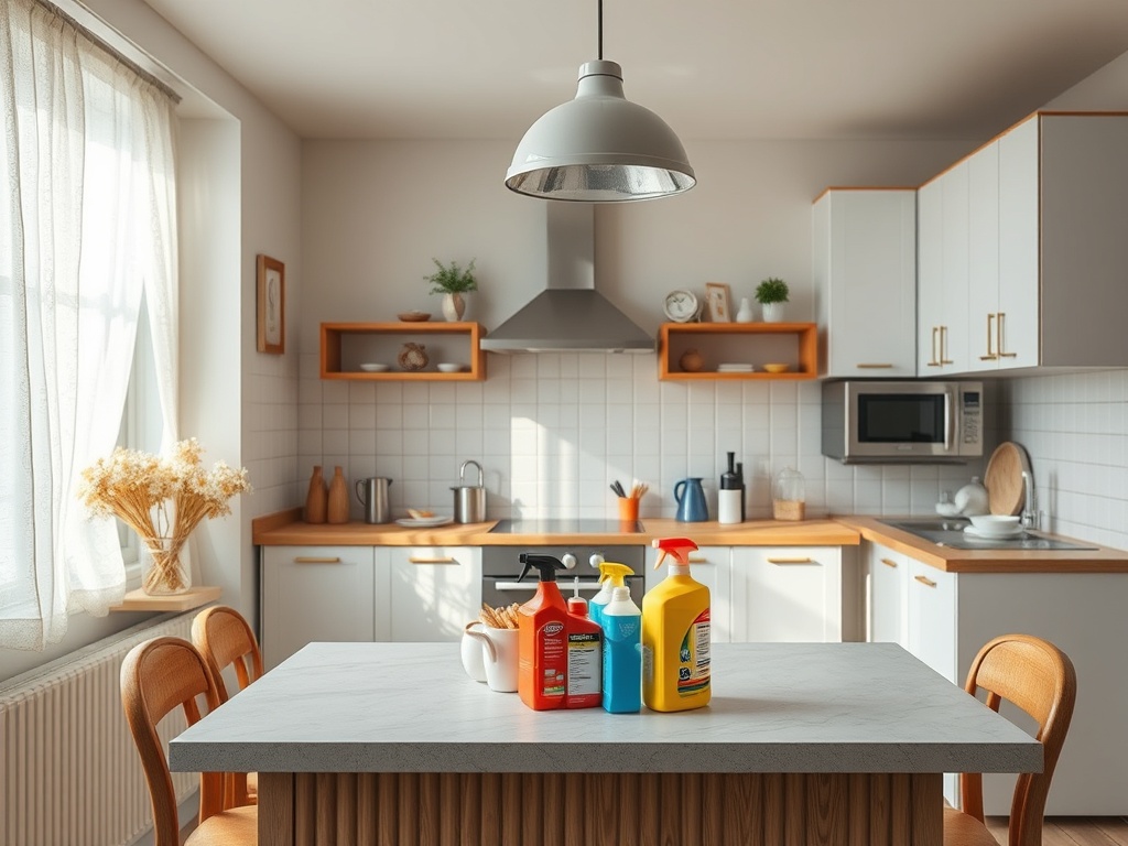 Современная кухня с белыми шкафами, столом и средствами для уборки на столе. Вокруг уютная атмосфера.