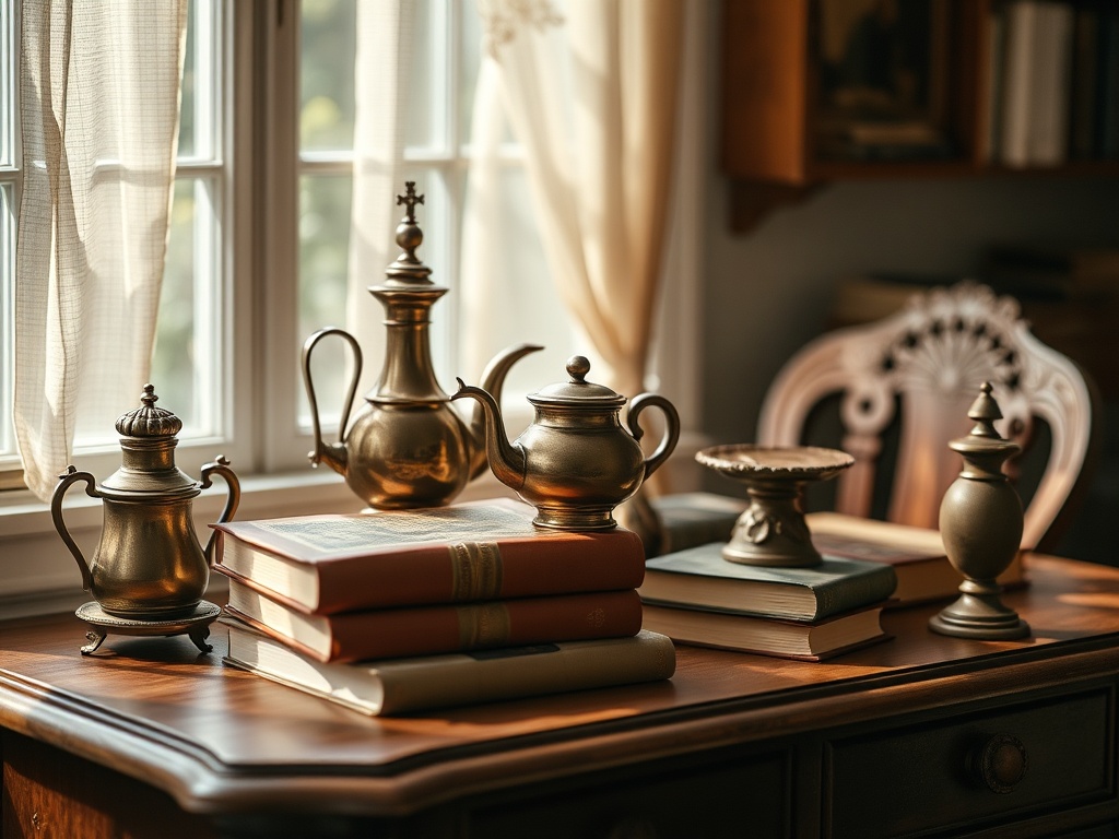 На столе стоят бронзовые чайники и книги, солнечный свет проникает сквозь занавески.