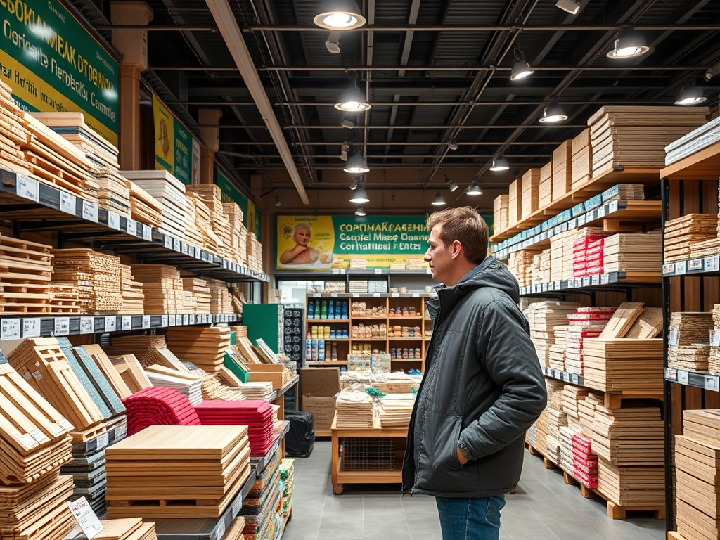 Мужчина стоит в магазине, окруженный полками с деревяными заготовками и другими товарами для творчества.