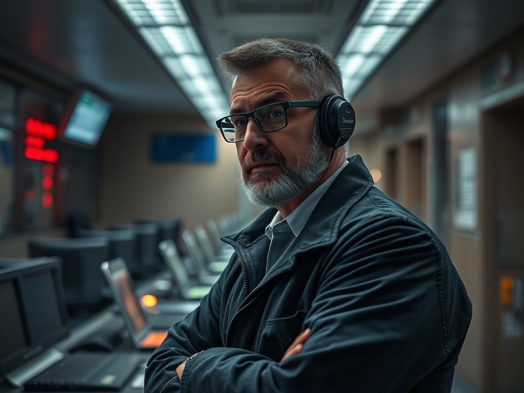 Мужчина с седой бородой в наушниках, выглядит задумчиво, стоит в помещении с компьютерами.
