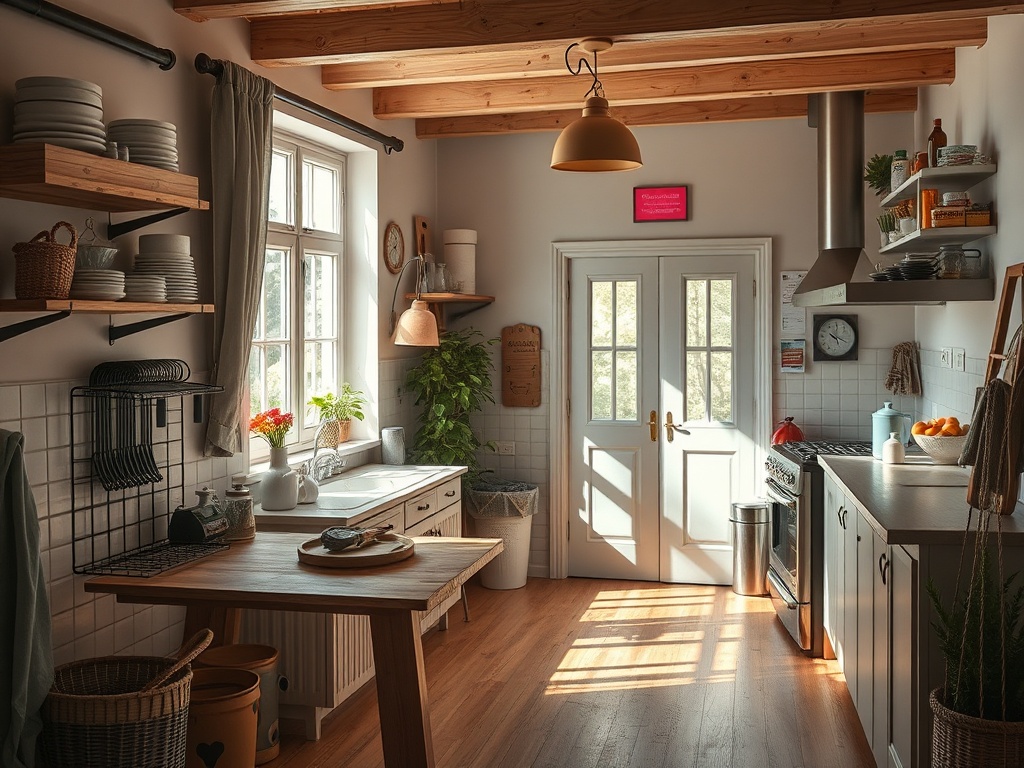 Светлая кухня с деревянными потолками, современными приборами и уютным интерьером, полна зелени и посуды.