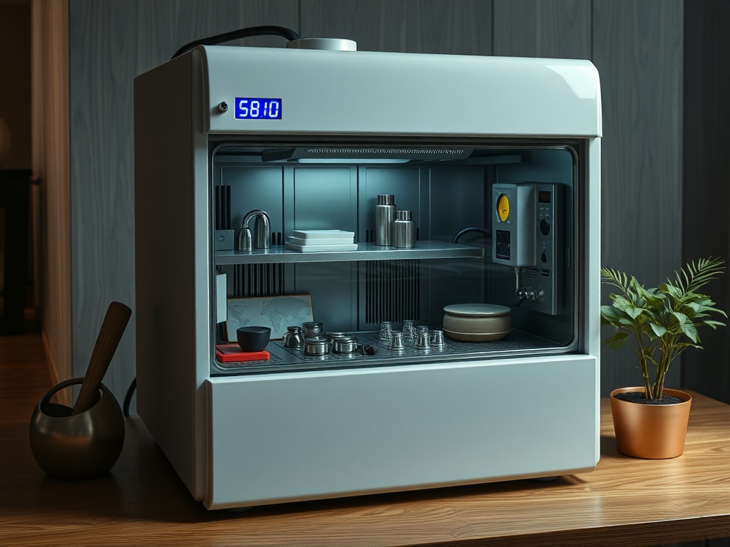 Современный кухонный шкаф с электронным дисплеем и различной посудой внутри, рядом с растением в горшке.