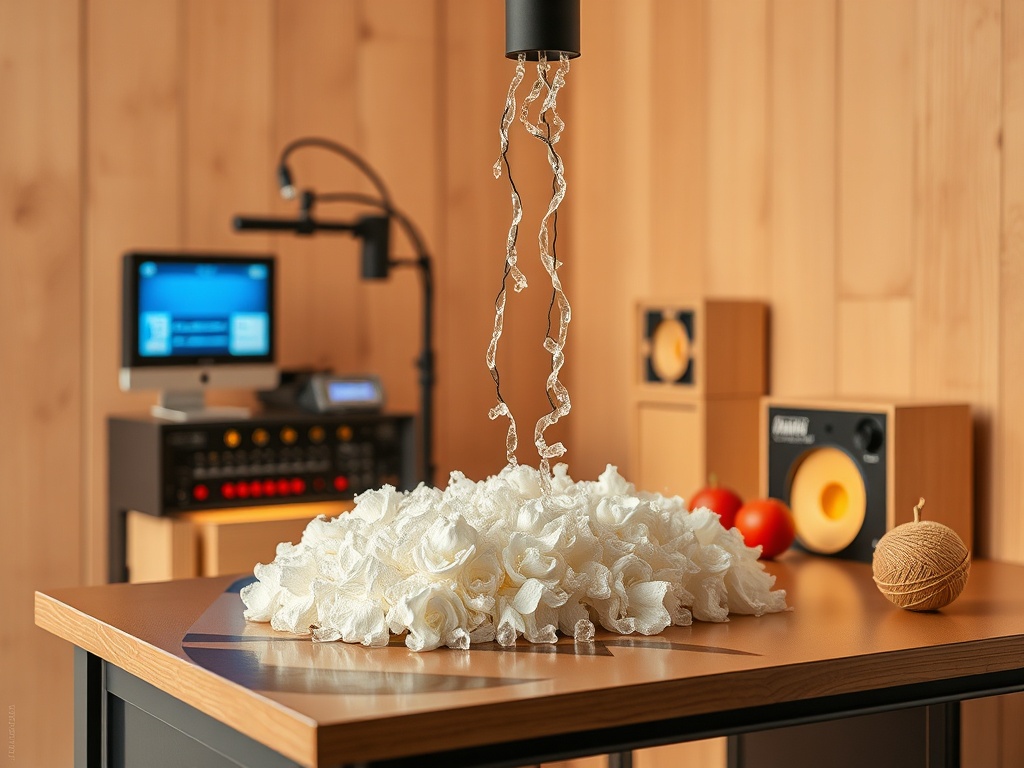 На столе находится белая волнистая текстура, вокруг — музыкальное оборудование и предметы интерьера.