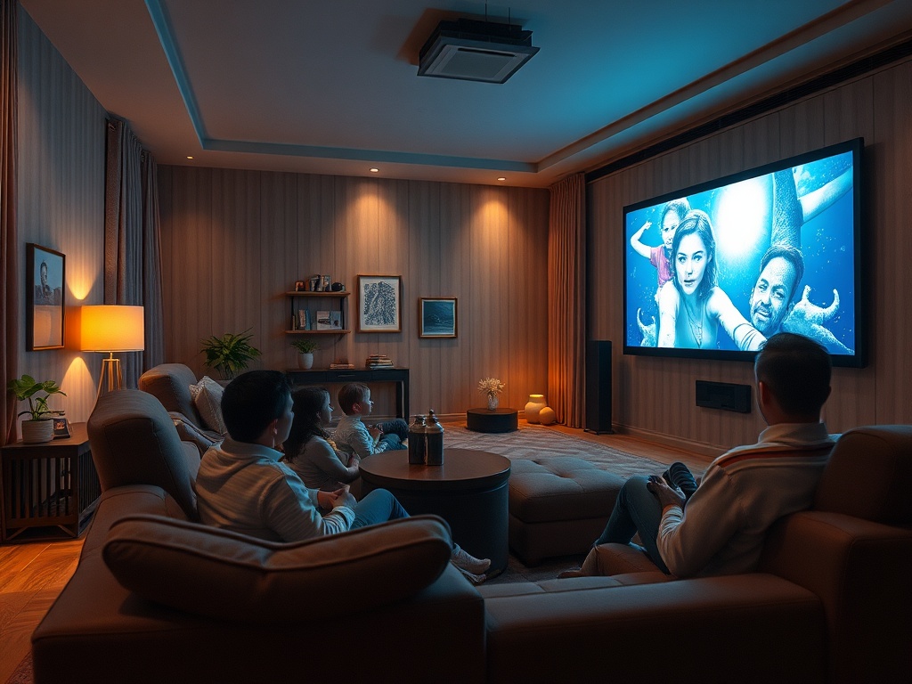 Семья смотрит фильм в уютной домашней обстановке, наслаждаясь временем вместе на большом экране.