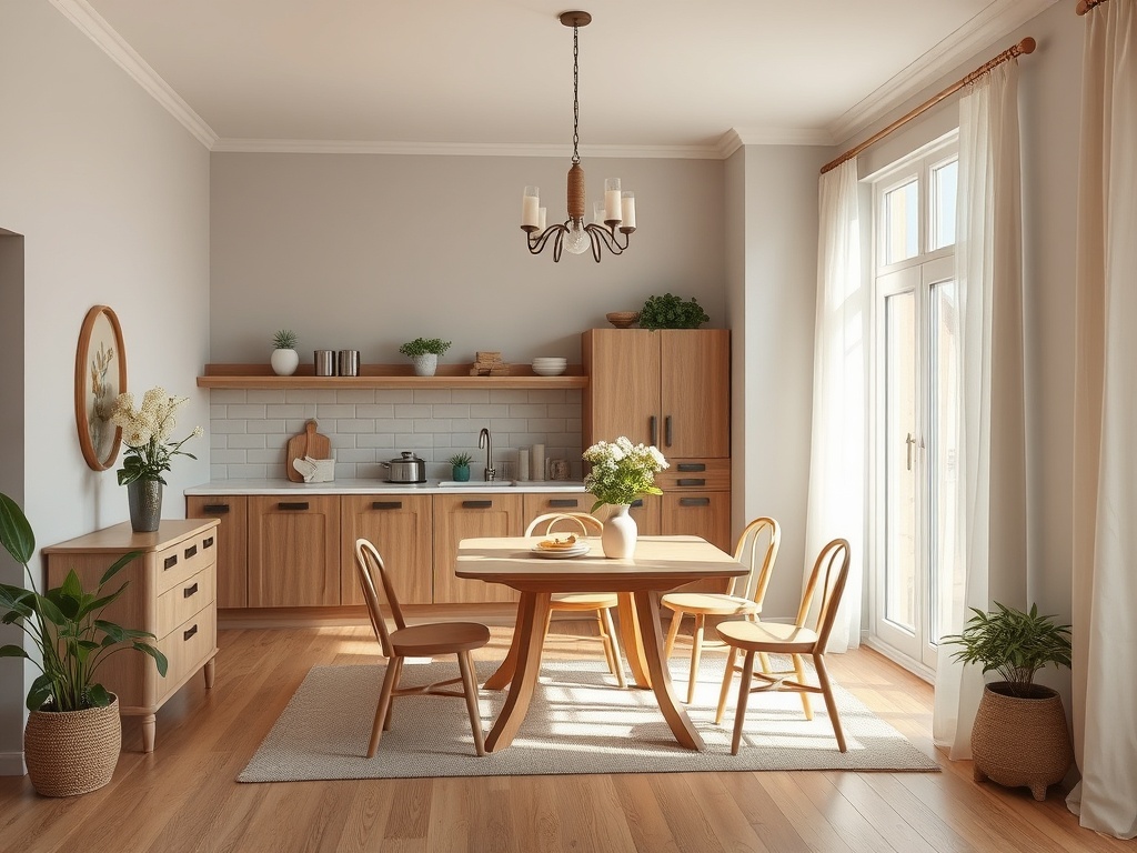 Светлая кухня-студия с деревянной мебелью, столом, стульями и зелеными растениями на полу.
