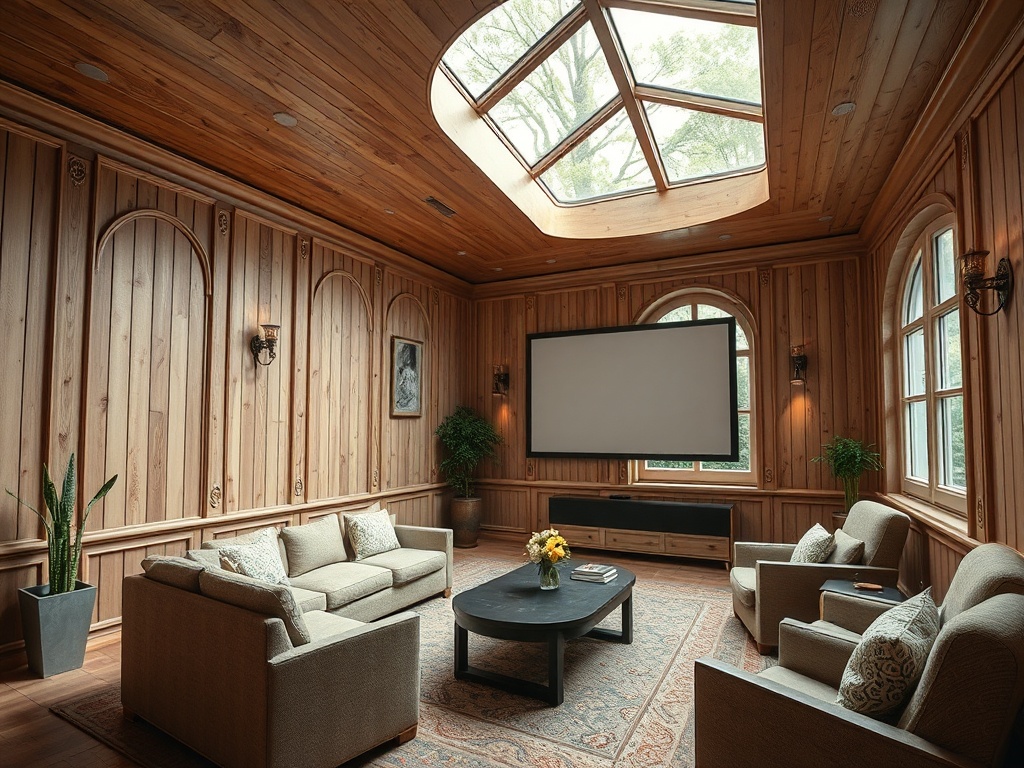 Современный зал с деревянными стенами, уютной мебелью и большим экраном для проекции.
