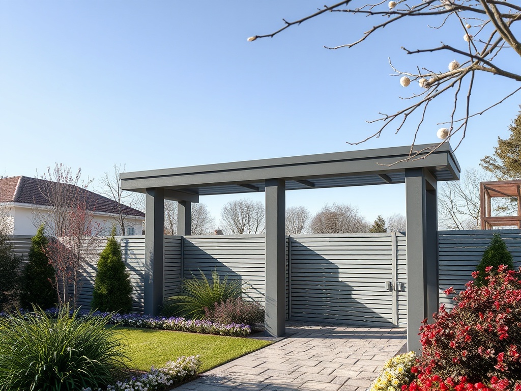 Современные ворота и забор в ухоженном саду, окружённые зеленью и цветами под ясным небом.