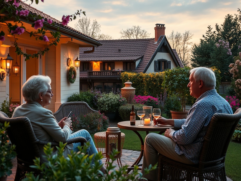 Пара наслаждается вечером на уютной веранде, окружаемой цветами и зеленью, с напитками и спокойной атмосферой.