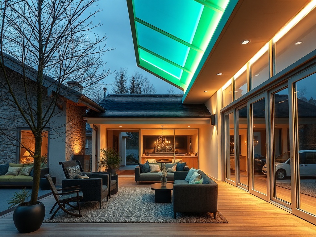 Современный открытый дворик с уютной мебелью и светодиодной крышей в вечернее время.