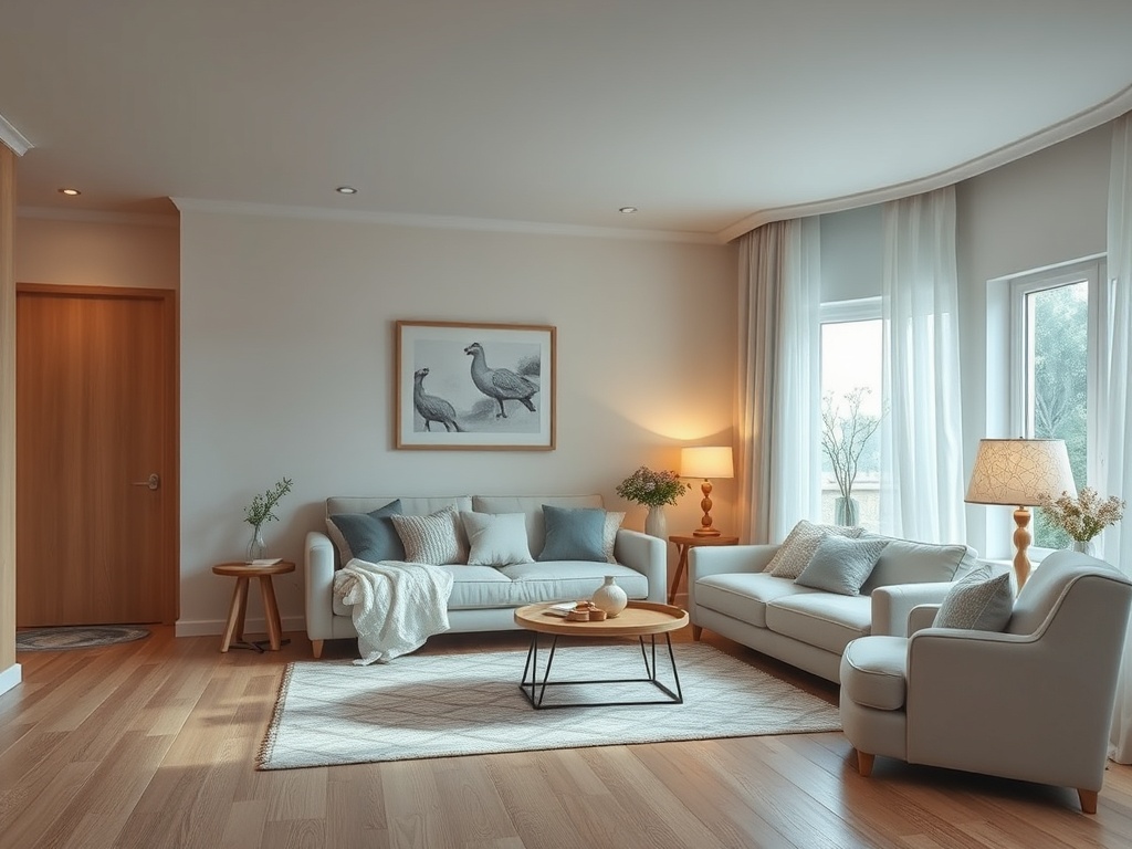 Современная гостиная с мягкой мебелью, светлыми занавесками и картиной с птицами на стене.