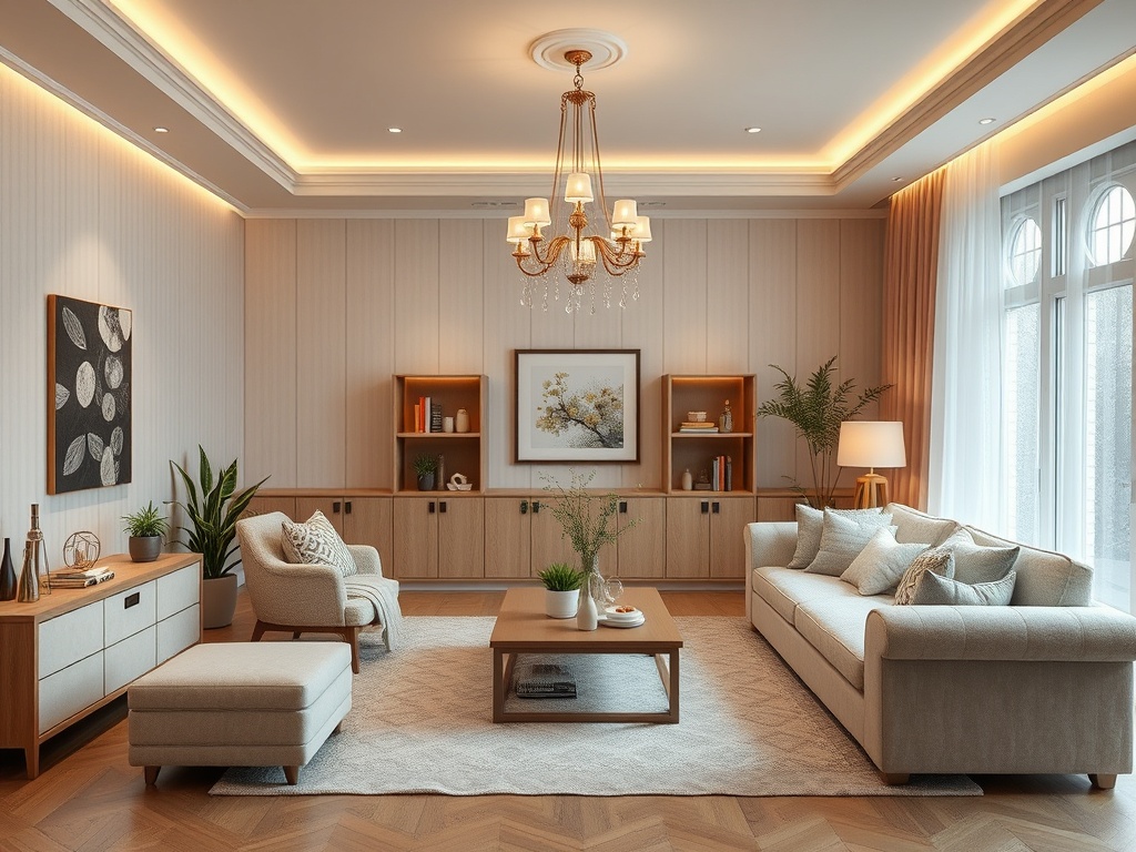 Светлая гостиная с уютной мебелью, цветами и стильной отделкой, создающая атмосферу уюта и комфорта.