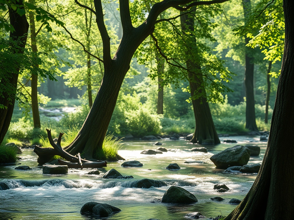 Спокойный лесной поток с зеленой листвой и большими камнями на берегу. Утренний свет создает атмосферу уединения.