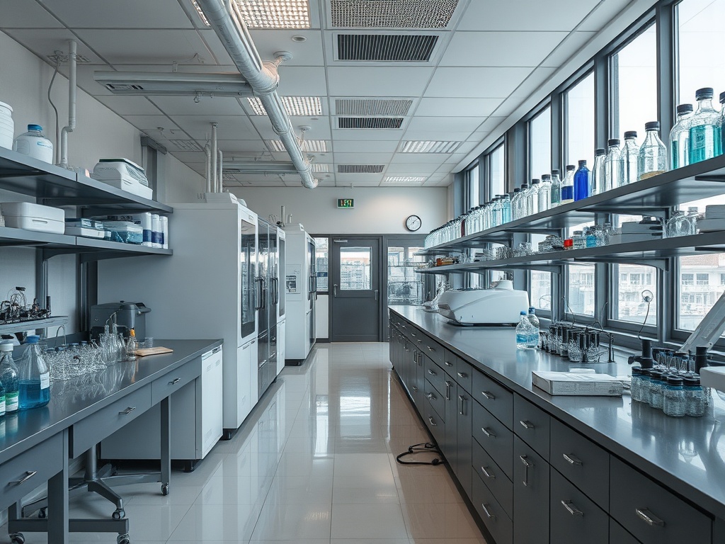 Современная лаборатория с длинными столами, оборудованием и полками с посудой и пробирками.
