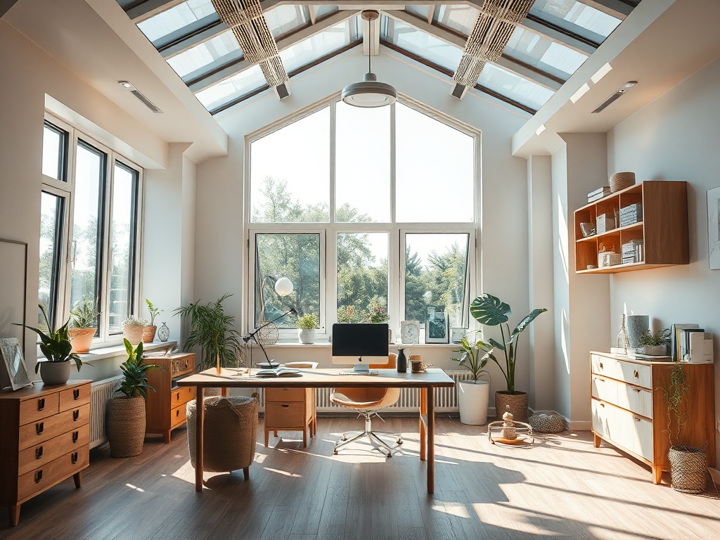 Светлый офис с большими окнами, растениями и удобной мебелью для работы и отдыха.