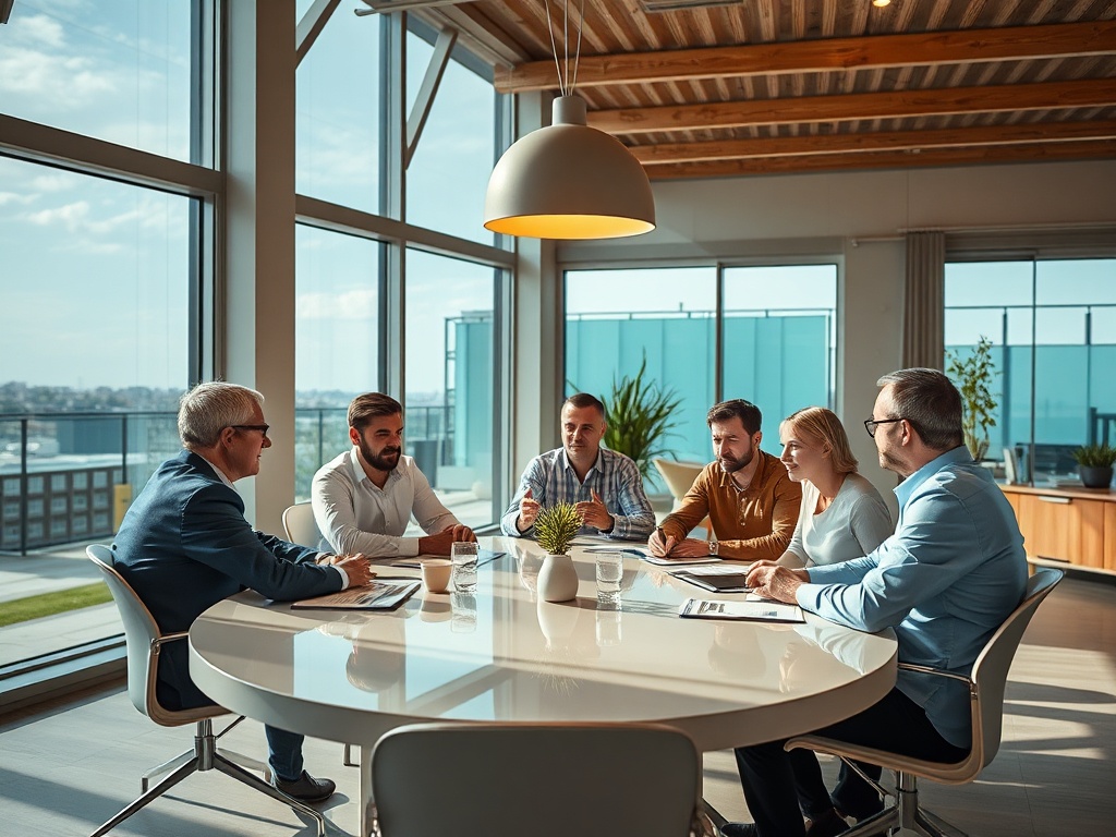 На встрече в светлом офисе обсуждают идеи за круглым столом. Шесть человек, среди них мужчины и женщина.