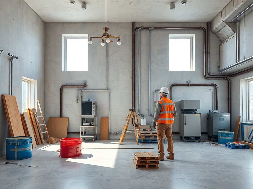 Рабочий в жилом помещении с инструментами и строительными материалами, наблюдает за ремонтом.