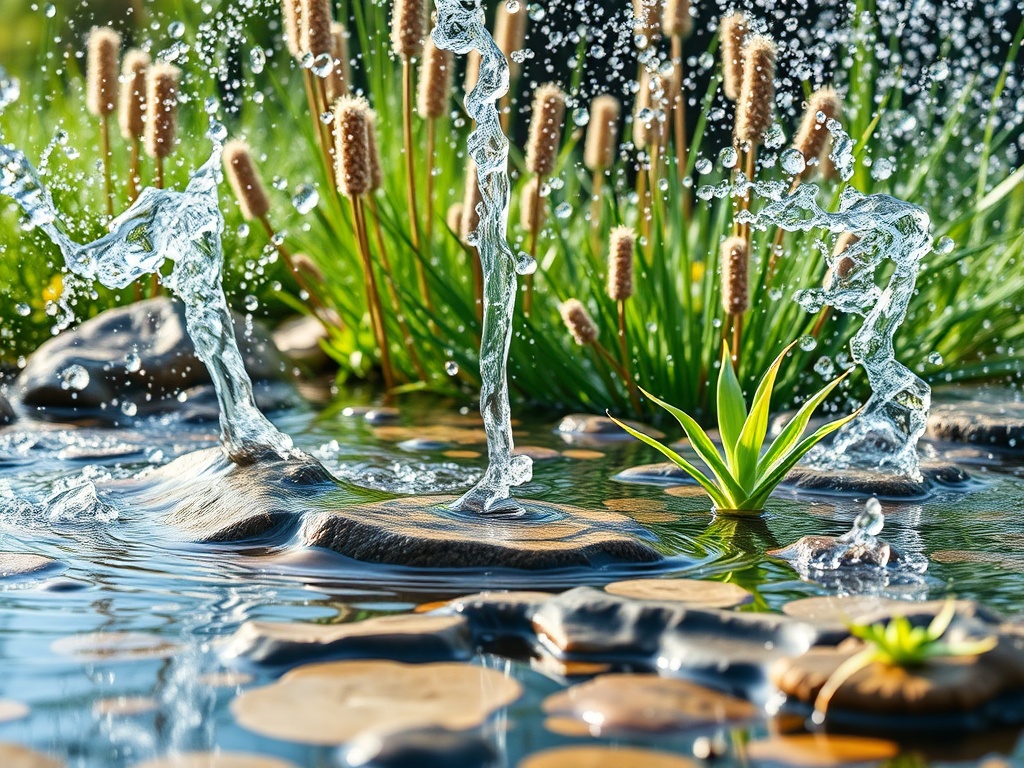 Водяные струи бьют из камней, окруженные зелеными растениями и цветами на поверхности пруда.