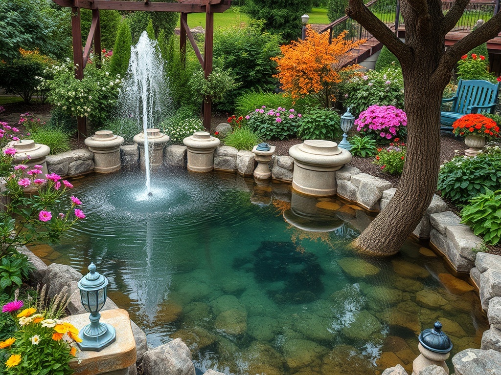 Прекрасный сад с фонтаном, цветами и спокойной водой, окруженный зеленью и уютными местами для отдыха.