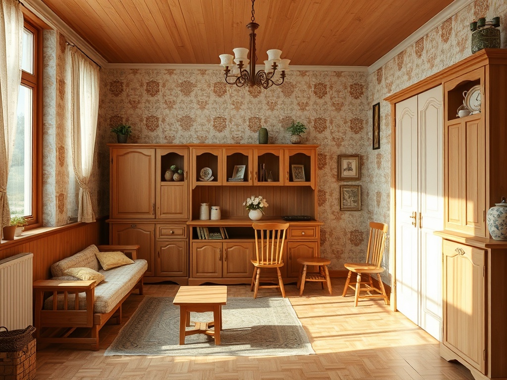 Светлая комната с деревянной мебелью, диваном, столом и окнами, залитыми солнечным светом.