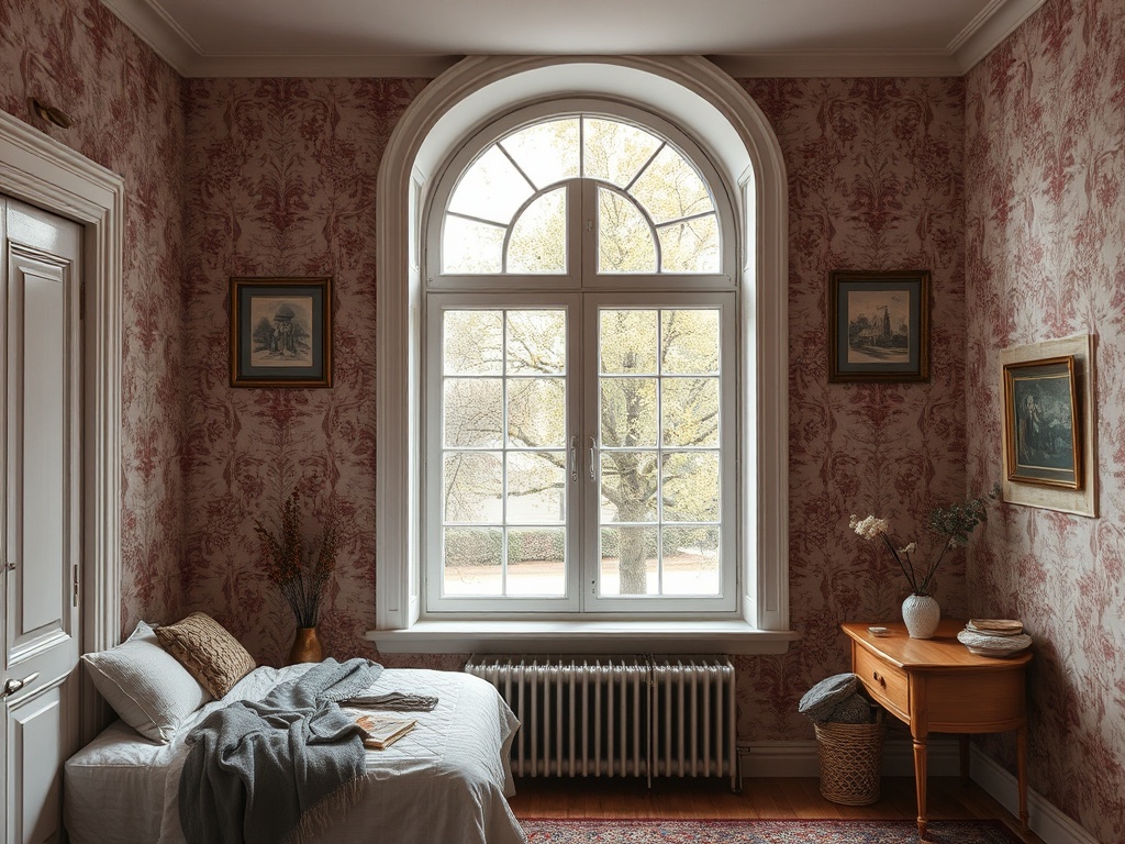 Светлая комната с окном, кроватью и деревянной тумбочкой. Стены украшены цветочным обоями.